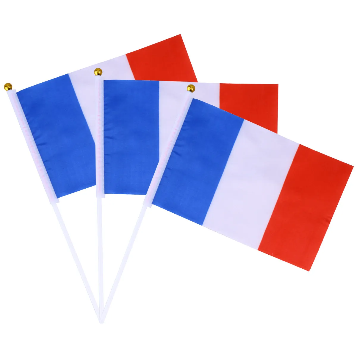 10Pcs French Mini Hand Held Flags Plastic France Country Fan Waving Flag 14x21cm Gold Ball Top White Stick for International