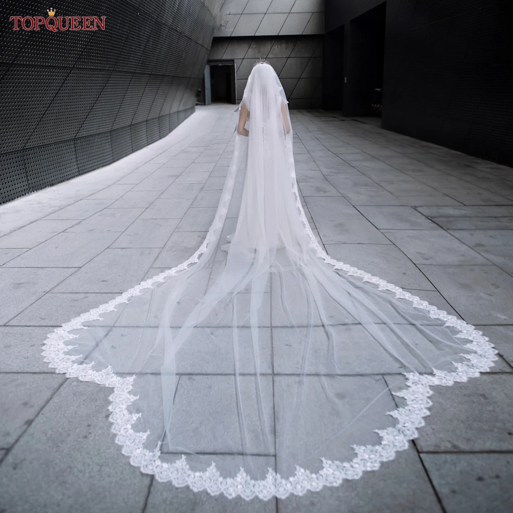 TOPQUEEN Vintage Lace Scalloped Edge Bridal Veil 4m Grown Church Luxury Wedding Accessories Complementos De Boda V152