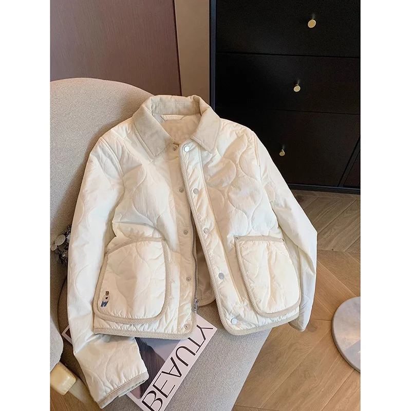 

Korean Style Women's Short Puffer Jacket, Embroidered Quilted Design with Color-Block Collar, Boho Chic