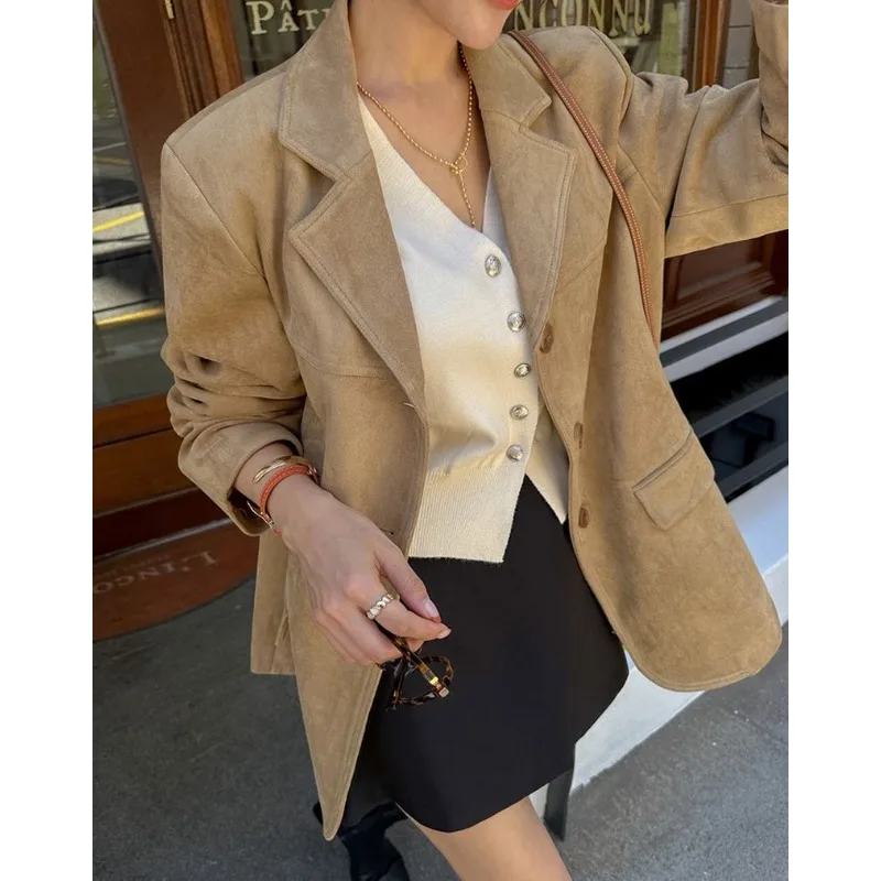 Suede Suit Jacket Women's 2025 Spring Autumn New Leather Coat Maillard Brown High-end Petite Coffee High Quality Blazer Women