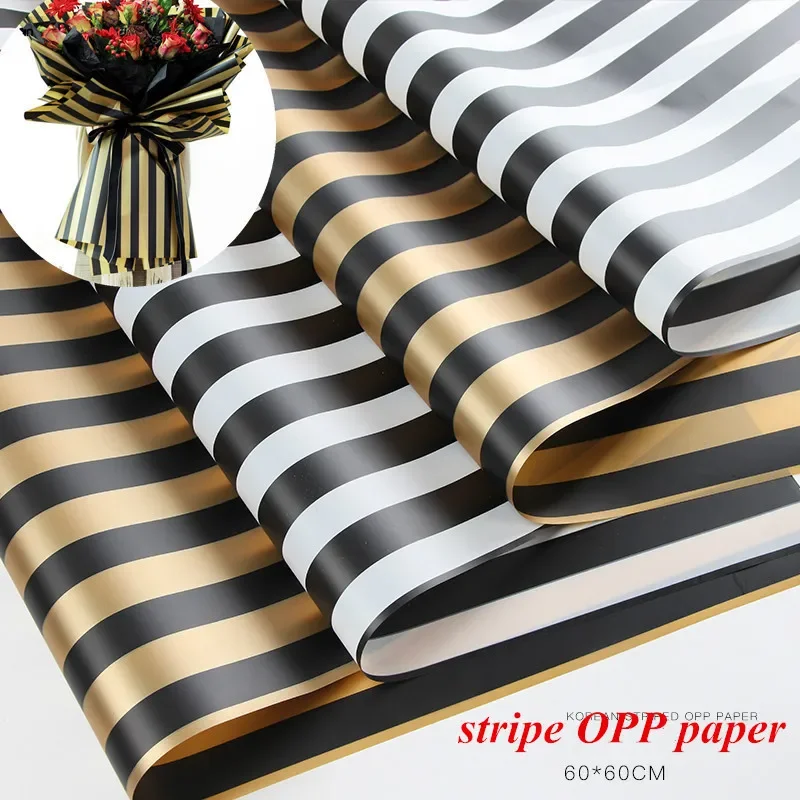 Stripe Flower Gift Wrapping Opp Paper, Painting Florist Bouquet Decoration, Korean Style Gift Packaging Paper, 10 Pcs, 60x60cm