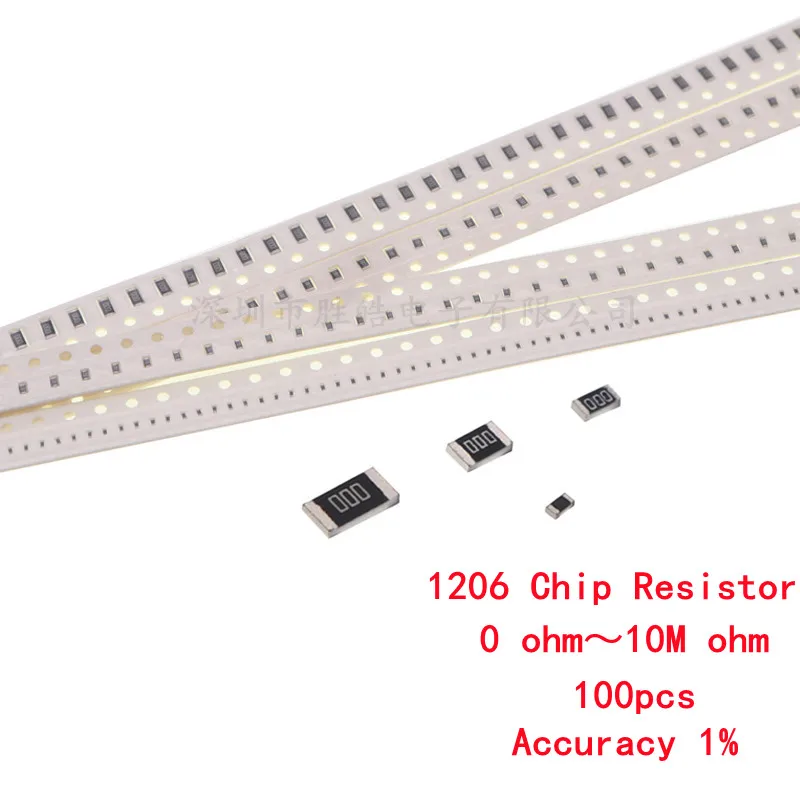 Resistencia de ohmios SMD 100 piezas 1206 0 Ohm ~ 10M nueva precisión 1% 1K 2,2 K 10K 100K 1R 10R 100R 150R 220R 330R 0 1 10 100 150 220 Ohm