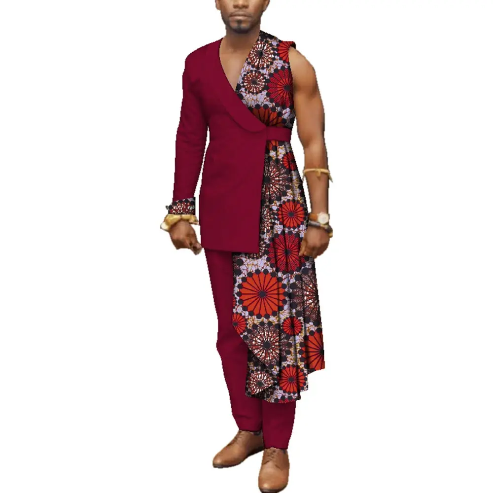 Men Bazin Riche Patchwork One-Shoulder Top and Pants Cotton 2 Pieces Pants Sets Special Custom Mens African Clothing WYN497