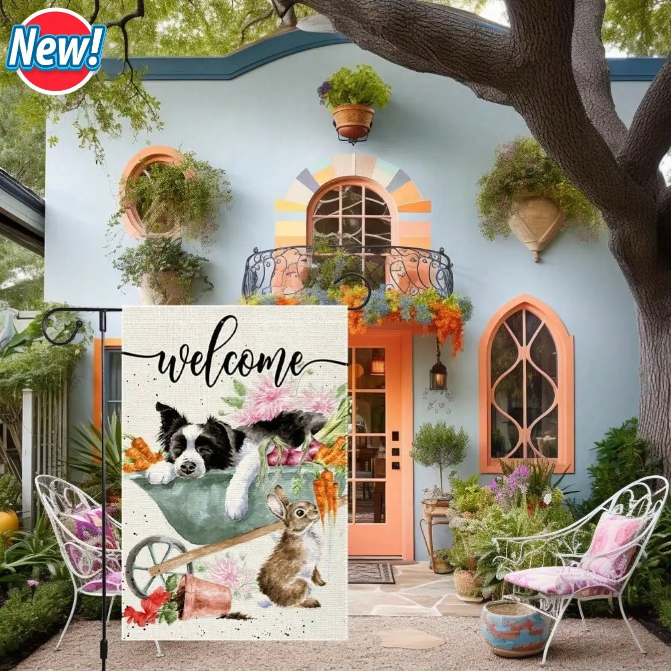

Флажок для сада в стиле фермерского дома с цветочным рисунком и собаками, двусторонний, 12x18 дюймов - Весенне-летний приветственный флажок с цветочным узором и собаками