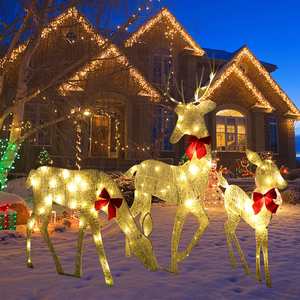 3-Piece Set Christmas Lighted Reindeer Family Lamp Xmas Holiday Light Up Decorations for Home Lawn Yard Garden Indoor Outdoor