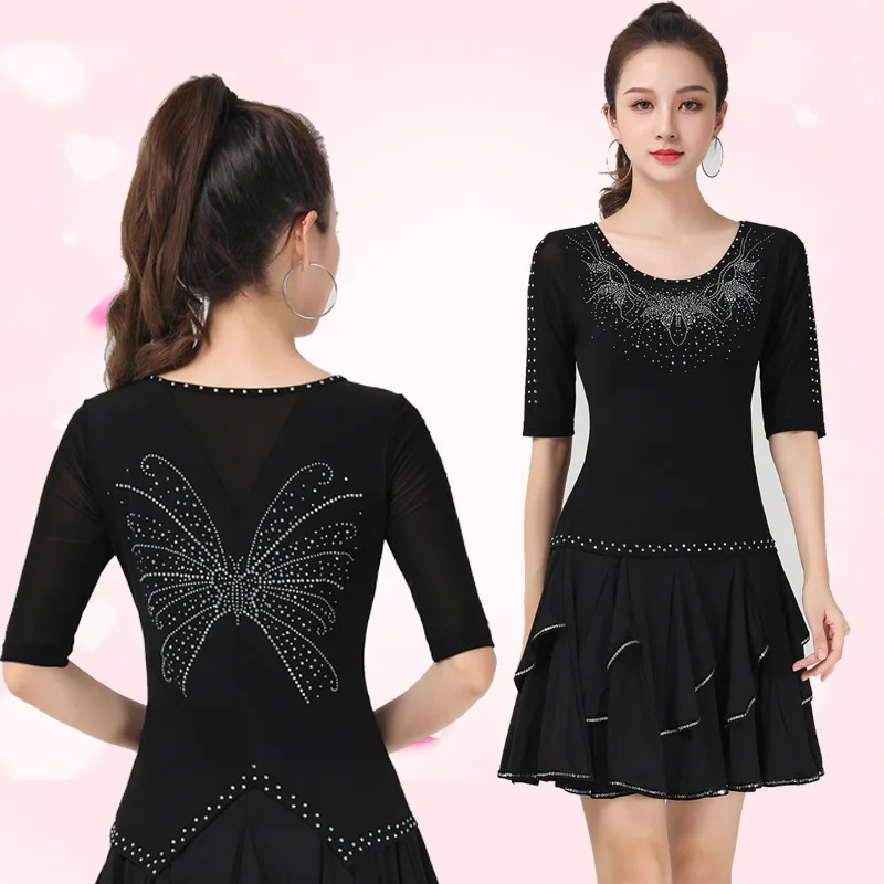 modern-dance-top-fashion-new-women's-embellished-round-neck-square-dance-latin-dance-gittern-three-step-beat-clothing