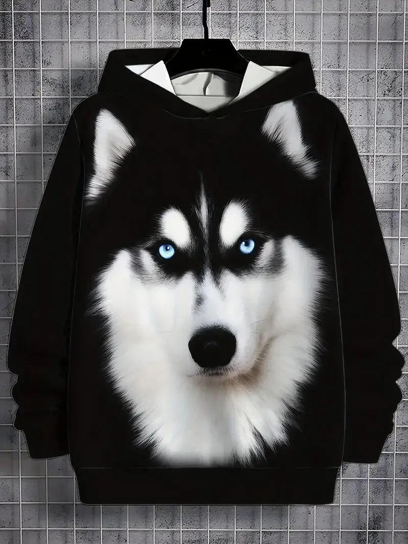 A new and stylish men's Husky print hoodie - a casual style long sleeve hoodie with a slight stretch, 100% polyester