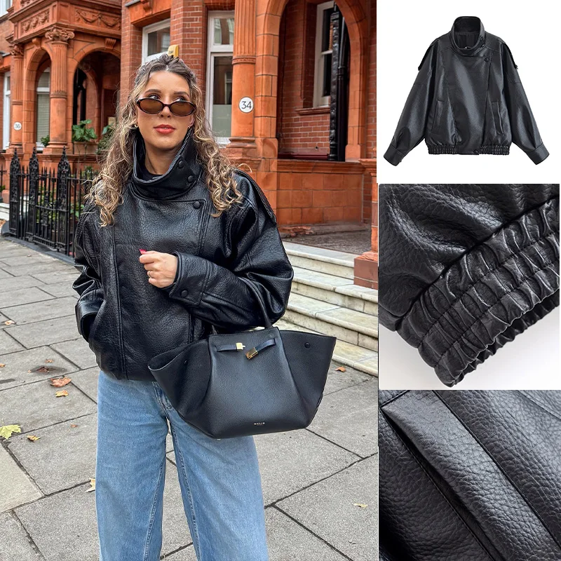 

2025 Woman Zipper Leather Jacket Black Solid With Pocket Elastic Hem Crop Jacket High Street American Vintage Motorcycle clothes