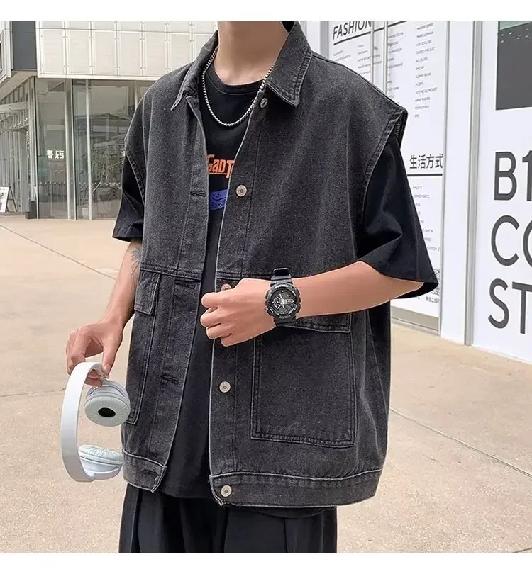 Oversized Blue Denim Vest for Men, Vintage, Korean, Sleeveless, Basic, HarajukuTank Top, Jeans Jacket