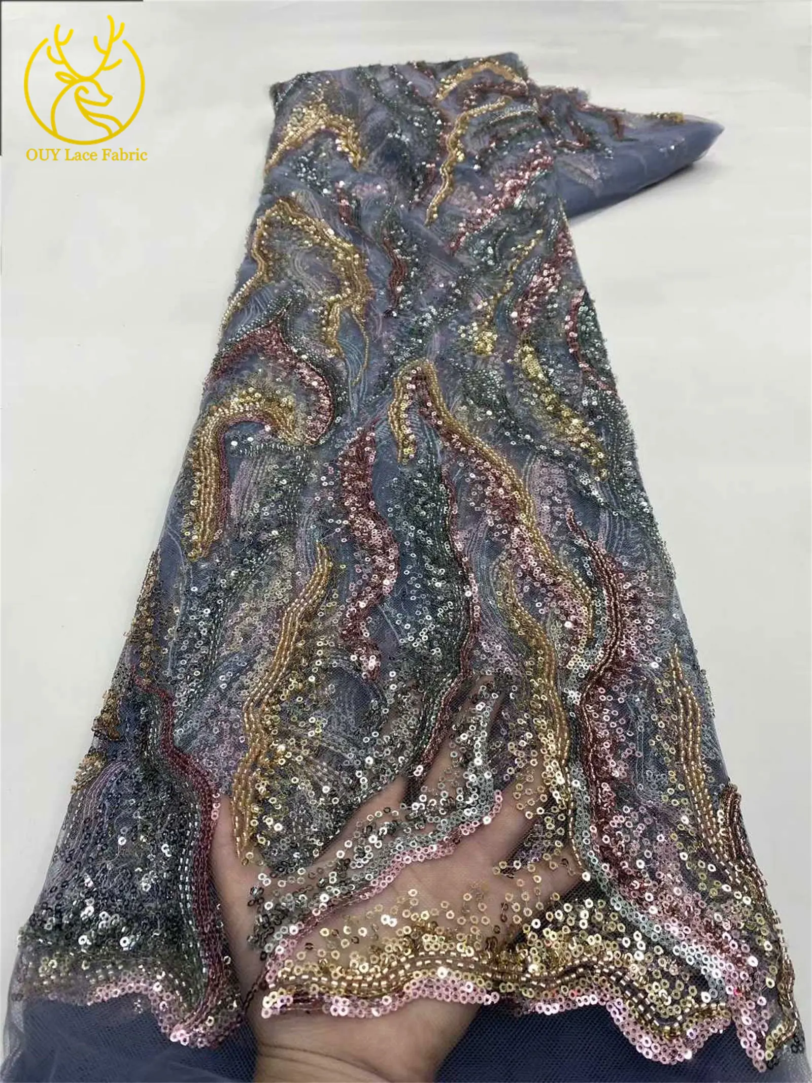 Luxuriöser nigerianischer Brautkleid-Stickerei-Perlen-Spitzenstoff 2026 – Hochwertiger afrikanischer Tüll mit Pailletten für Damen-Abendkleider zum Nähen – Detail 17