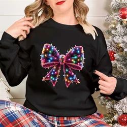 Trendy Womens Christmas Sweatshirt Christmas Bow Light Cartoon Classic Sweatshirts Girls Holiday Neon Bow Lights Premium Hoodies