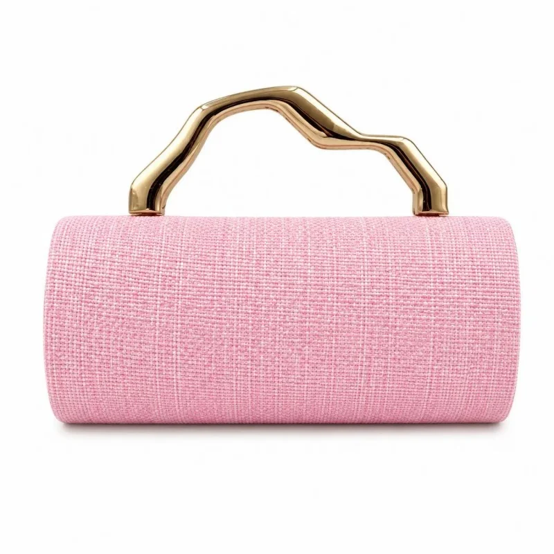 Summer New Woven Banquet Bag Fashionable Gold Metal Handle Evening Bags Light Pink Wedding/formal Dinner Party Handbag Crossbody