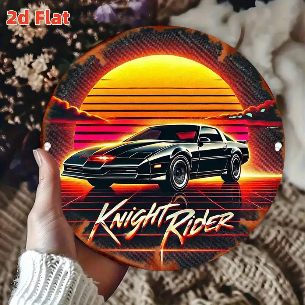Knight Rider KITT Retro Neon Sunset Metal Wall Art - 7.79x7.80 pulgadas Letrero de estaño de aluminio, decoración duradera para garaje interior/exterior