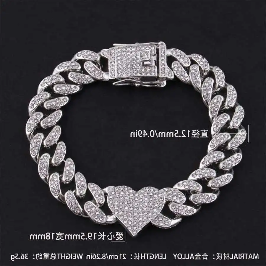 

Factory Made Alloy With Bling Rhinestone Hip Hop 12.5mm Iced Out Heart Cuban Chain Bracelet