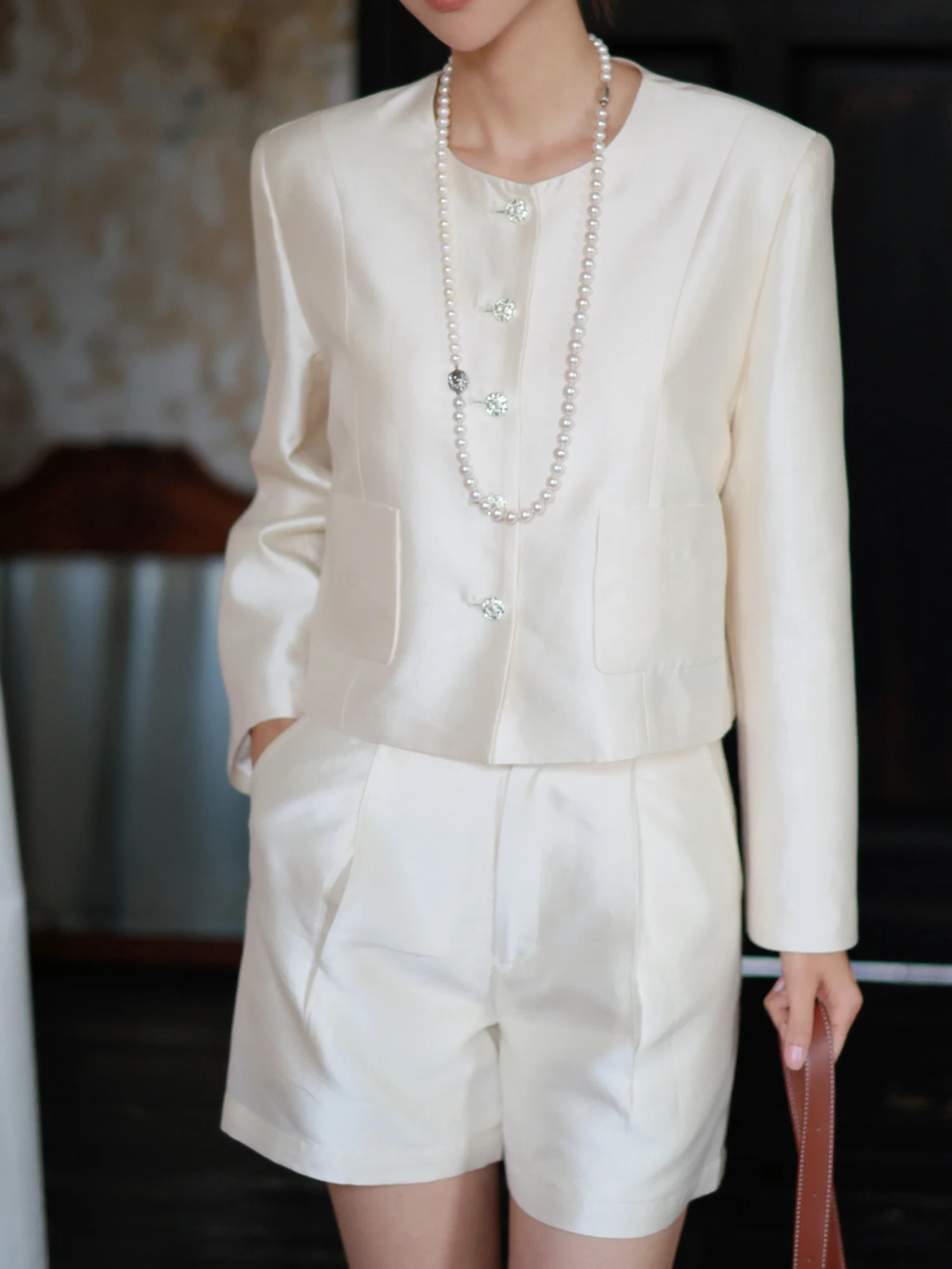 

Champagne White Silk Wool Set Light Luxury Two-Piece Suit for Women Spring Summer Fashion Outfit Short Shorts Coat Jacket