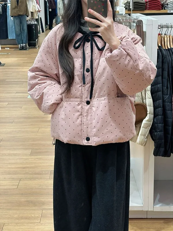 

Новинка: Теплая женская куртка из утолщенного хлопка с круглым вырезом, в корейском стиле, с милым бантом и принтом в горошек.