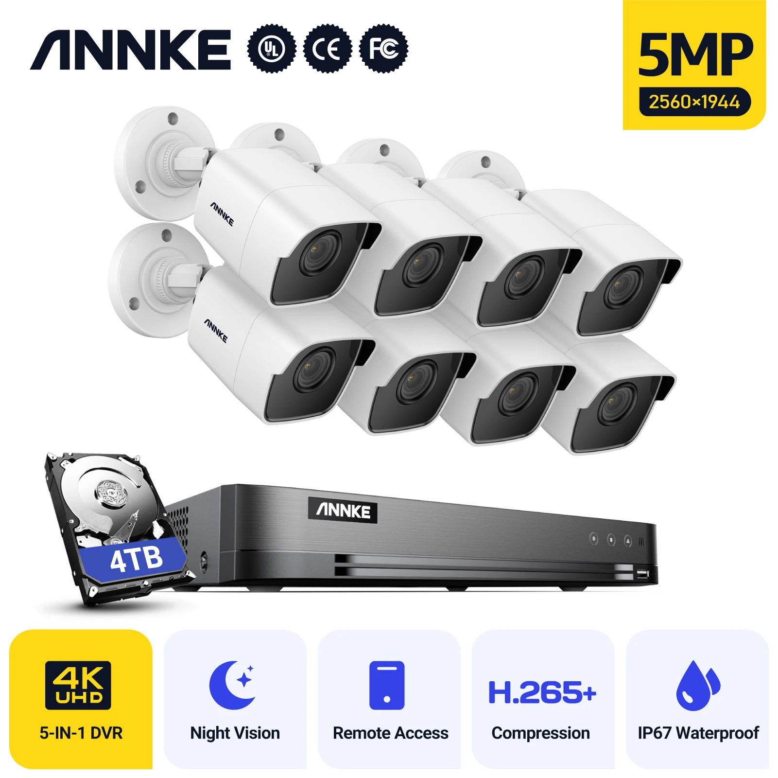 Annke H.265 Pro+ 5MP 16CH 4CH DVR Poe Camera CCTV System 2.8mm Lens Human Vehicle Detection Video Surveillance Camera Protection