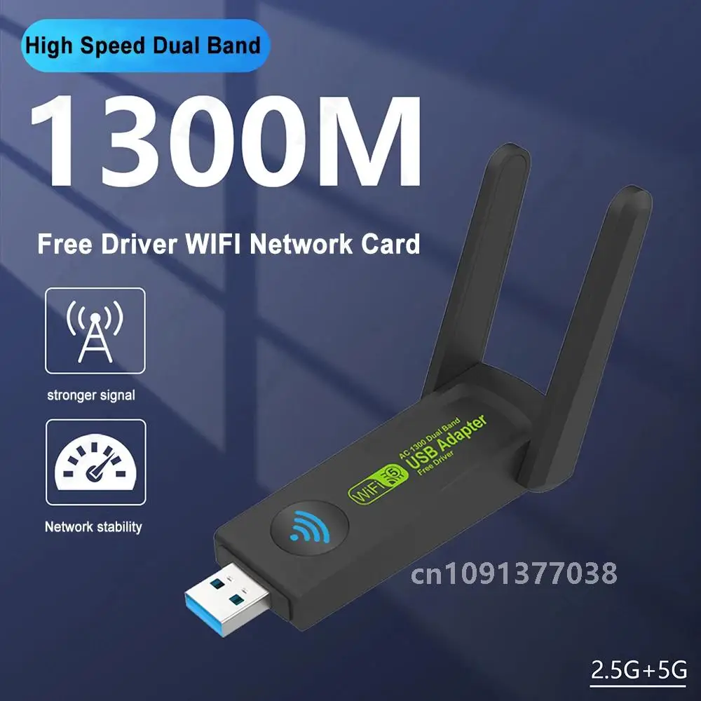 Free Drive 1300Mbps Wifi Adapter Network Card Dual Band 2.4/5GHz With Dual Antenna Wifi 5 USB 3.0 Wi-Fi Dongle Receiver