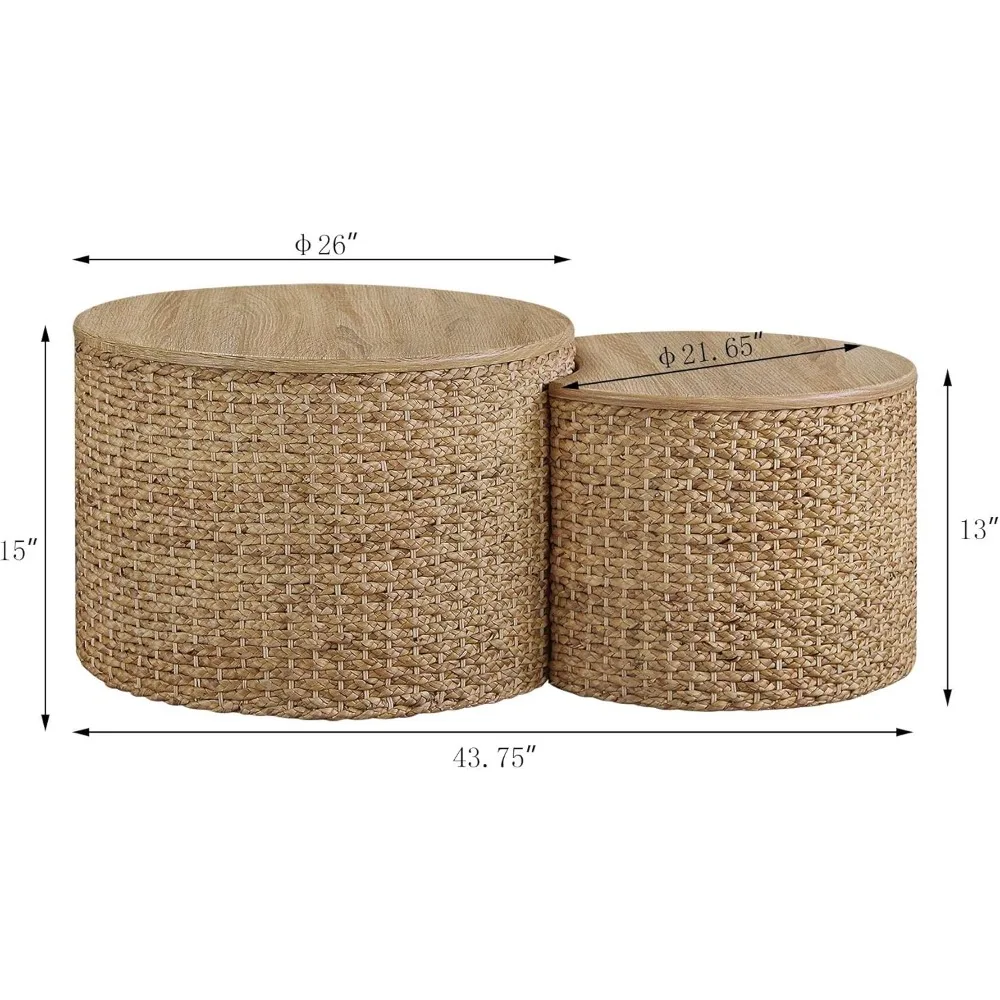 Nesting Coffee Table Set of 2, Coastal Coffee Table with Storage, Woven Coffee Table with Soild Wood Cover, Wicker