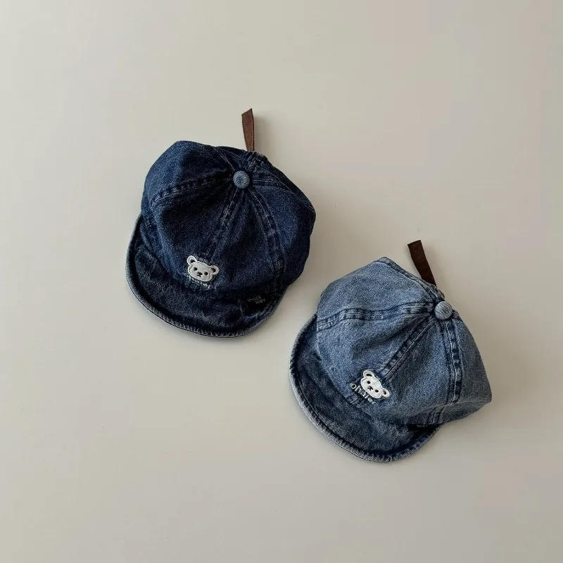 1 Piece Fashion Baby Basaball Cap for Boy Girl American Style Denim Blue Peak Cap for Toddler Cartoon Bear Travel Sunshade Cap