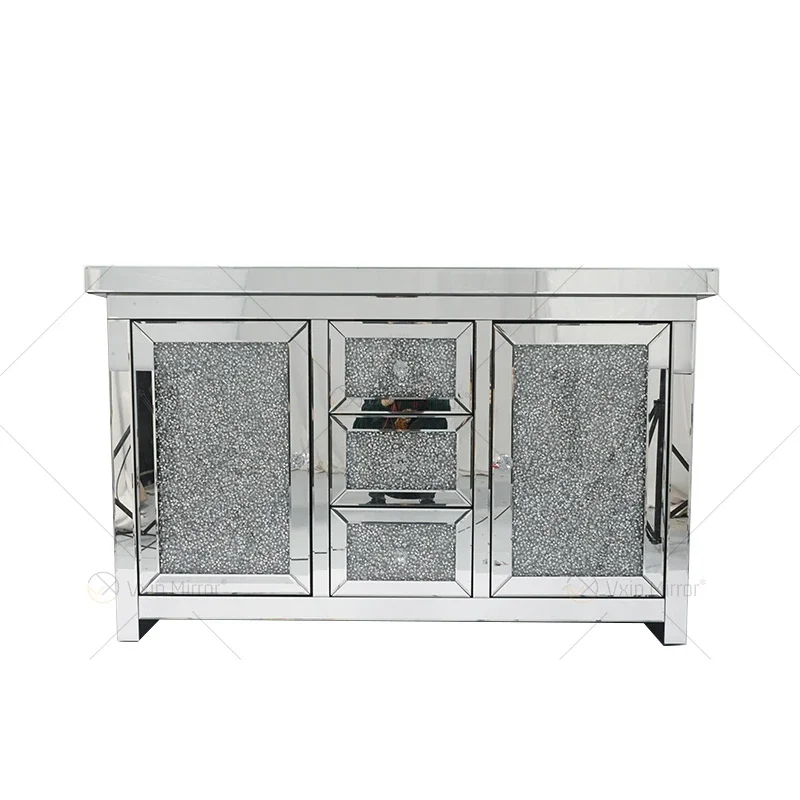 Silver Diamond Crystal Mirror Cabinet 7 Drawers