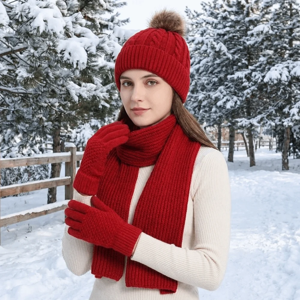 3Pcs/Set Cold Proof Scarf Hat Gloves Set Elastic Warmer Mittens Woolen Hat Solid Color Plush Ball Knitted Scarf Daily