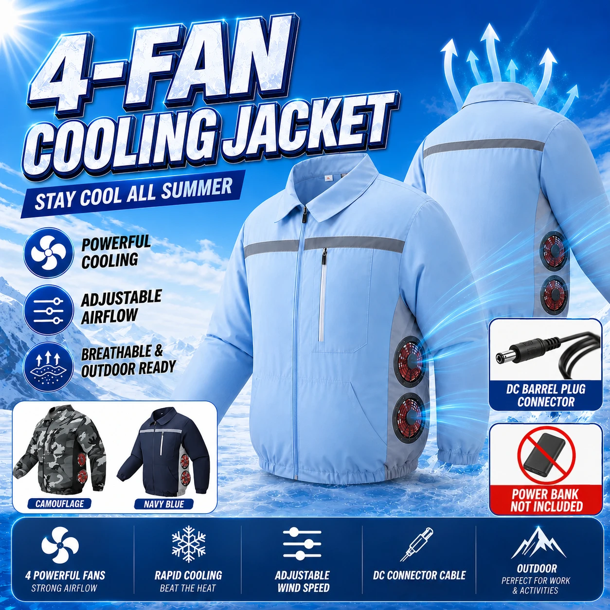 Chaqueta Refrigerante para Hombre de 12V con 4 Ventiladores y Conector DC, Ropa de Trabajo Transpirable con Protección Solar para Pesca, Senderismo y Trabajo al Aire Libre