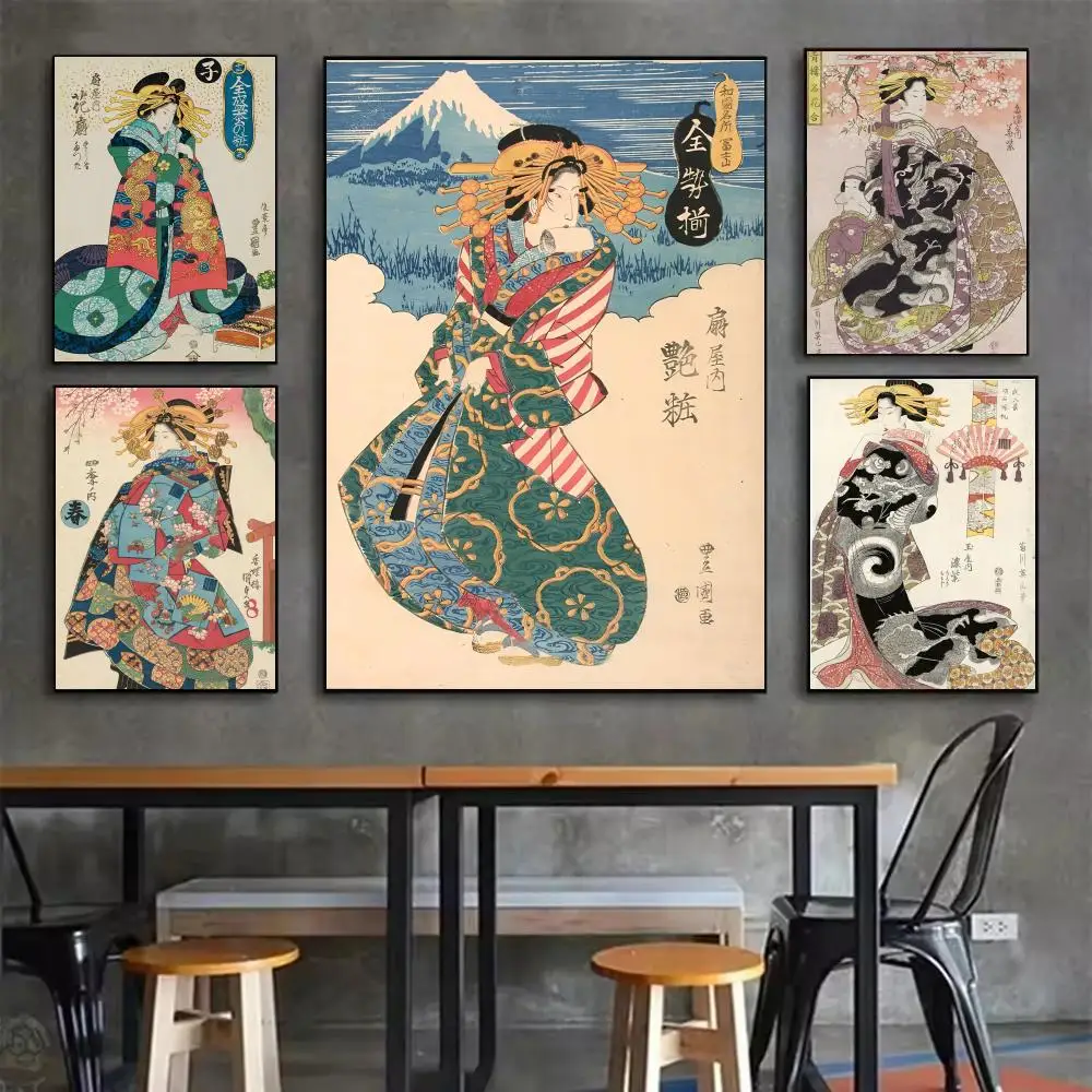 Retro Japanese geisha Poster Minimalist Easy-Apply Wall Art Stickers with Clean Aesthetic Design for Stylish Home Interiors