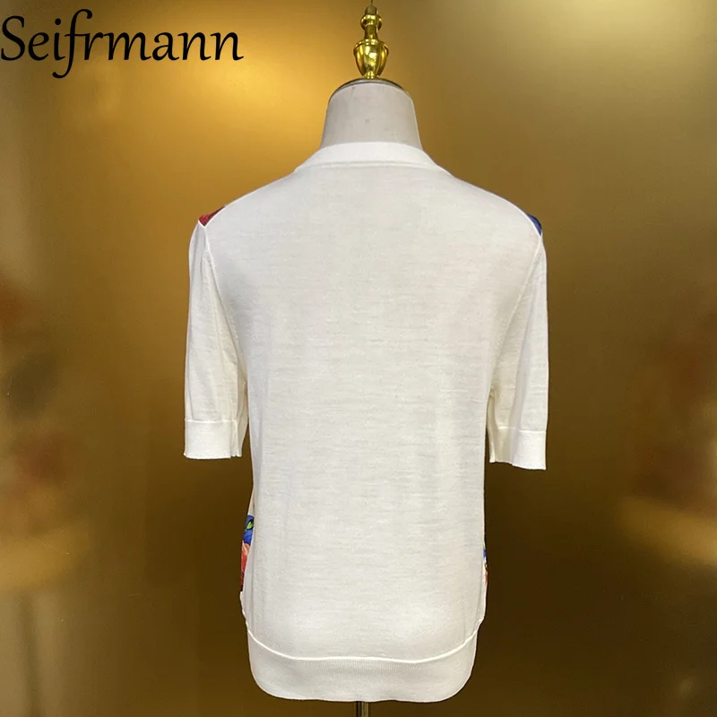 Seifrmann Casual printed silk top round neck short sleeve knitted top 2026 summer fashion women's new style