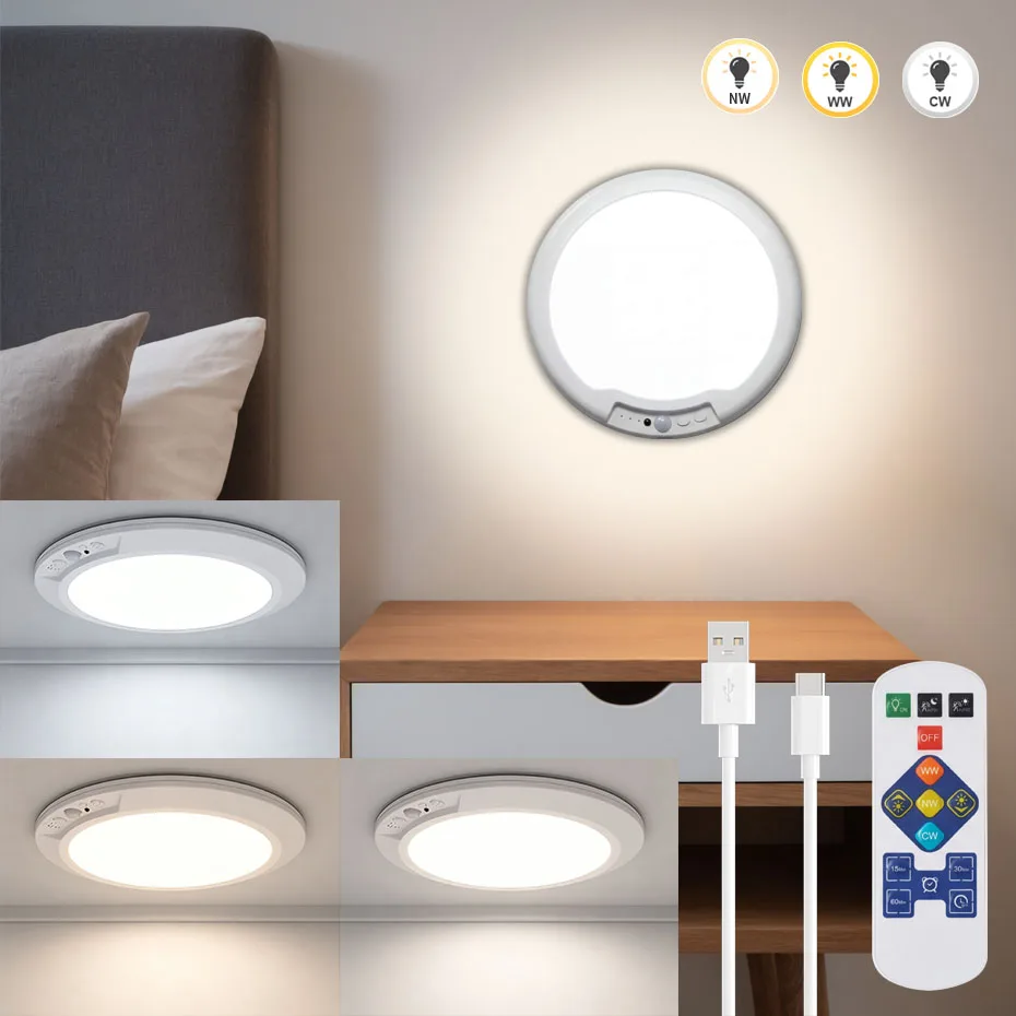 Rechargeable Magnetic LED Ceiling Light PIR Motion Sensor Wireless Remote Dimmable 3000K-6000K for Garage Hallway Patio