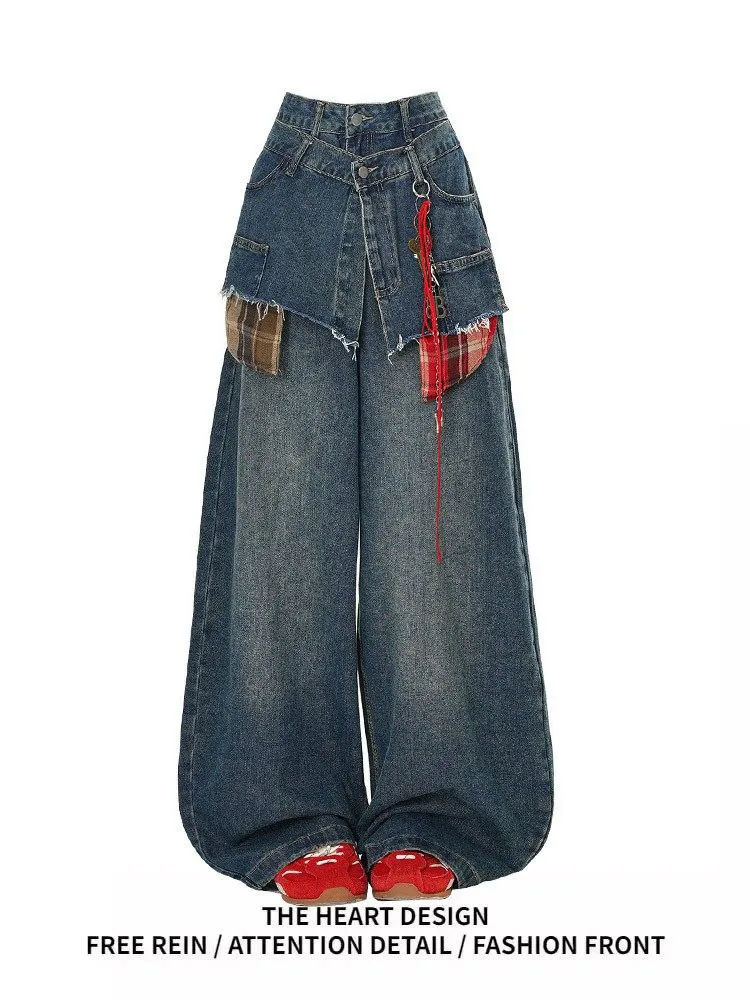 

plus Size Women's Faionable American Sle Wide Leg Knife Pants High Waist Patchwork Plaid Denim Long Trousers Casual Spring