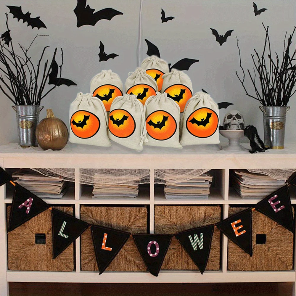 1/2/3pcs Bat Halloween Gift Bags Double Jute Drawstrings Burlap Bags Treat Bags Halloween Pouch Halloween Party Supplies