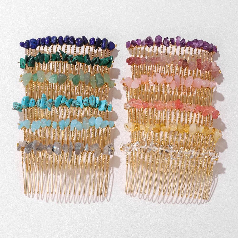 Women Crystal Hair Combs Hair Accessories Natural Quartzs Stone Hair Clips Healing Reiki Hairpin Wedding Bridal Headwear Jewelry