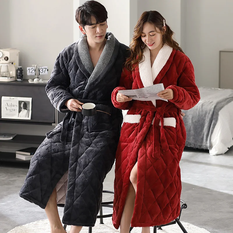 Thick quilted coral flannel long-sleeve male and female robe solid bathrobes couple sleepwear winter pijama hombre