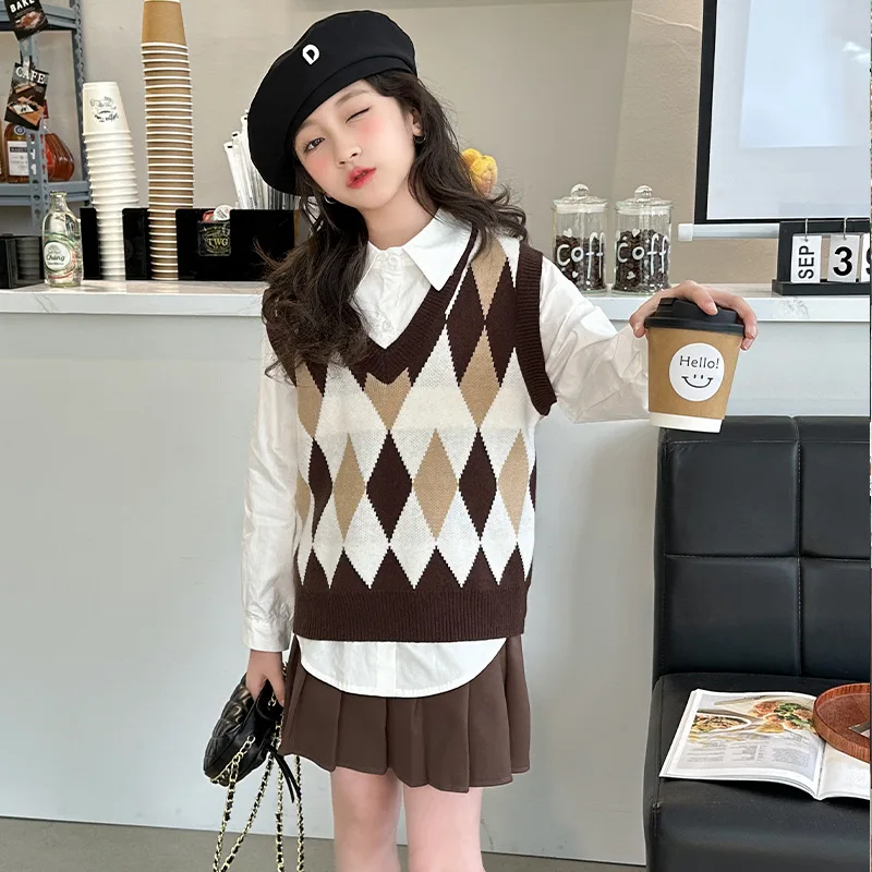Girls Two-piece Set 2024 Autumn New Childrens Wear Girls Baby Japanese Preppy Style Shirt Knit Vest Set Casual Simple Daily image 3