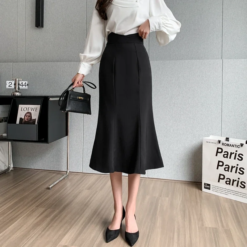 Elegant Office Long Skirts Women 2026 Winter Korean Fashion High Waist Falda Sexy Mujer Slim Y2k Clothes Flared Black Midi Skirt