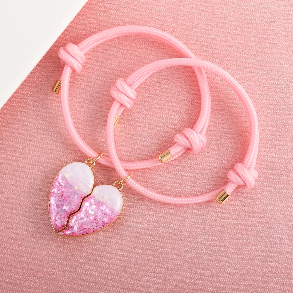 Karsyngirl 2Pcs/set Heart-shaped Gradient Sequin Stitching Best Friend Bracelet BFF Friendship Jewelry Gifts for Girls