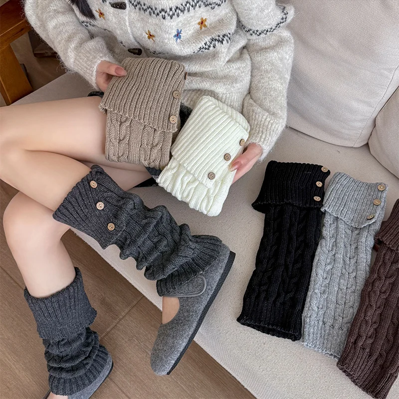 

Girl Leg Warmers Y2k Fashion Solid Color Knitted Socks Maillard Color Long Leg Warmers Gothic Lolita Button Decor White Leggings