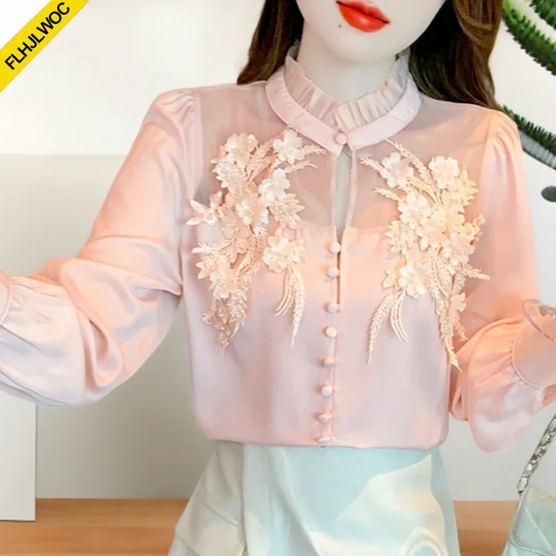 New Year 2025 Spring Women Cute Sweet Tops Pink Korea Japanese Style Design Long Sleeve Elegant White Lace Basics White Shirts