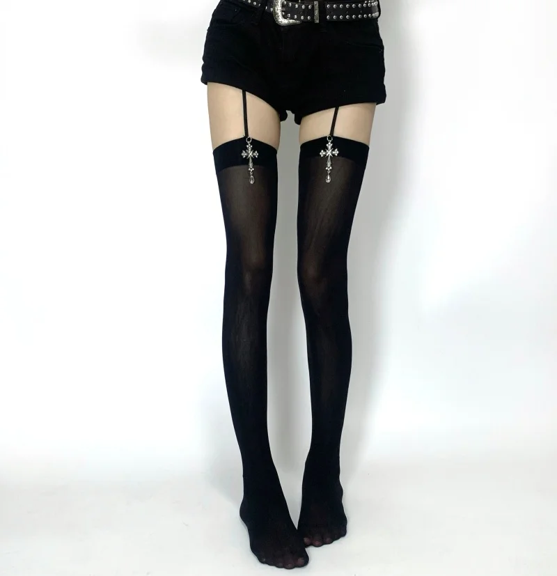 Medias de liguero con colgante de cruz para mujer, tipo fino, de tubo alto, estilo gótico oscuro, medias largas, atuendo sexy...