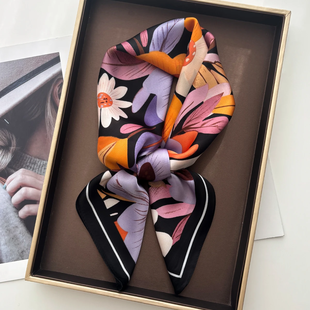 Luxury Square Scarf For Women Retro Ladies Hijab Floral Neckerchief Bandanas Soft Stain 70*70cm Faux Silk Scarves Shawl