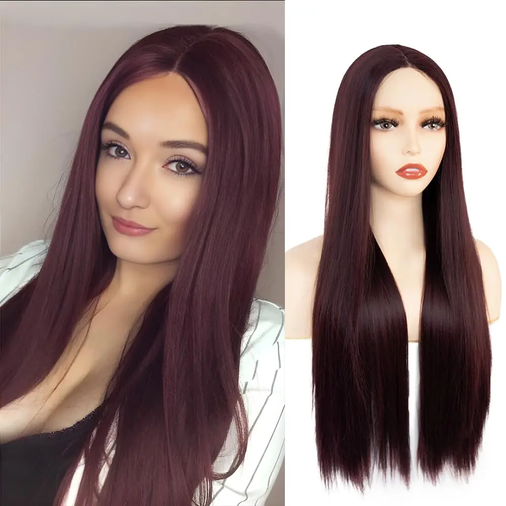 Long Straight Burgundy Wigs for Women Middle Part Synthetic Wigs Natural Looking Heat Resistant Fiber Wigs for Daily Party Use