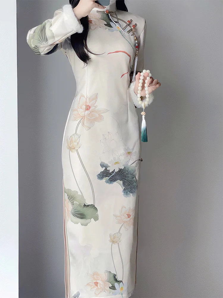 

Thiened Fce Long Sve Qipao Dr Warm High Quali Winter New Chinese Sle Young Faion 2026 National Trend