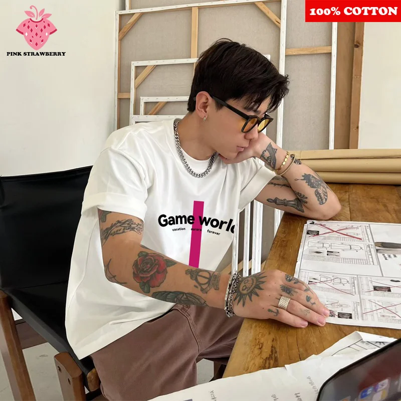 

American design Letter Print White T-shirt Men's Summer 2025 New 100%Cotton Short sleeve Street Hip-hop Tee Y2k Top Men clothing