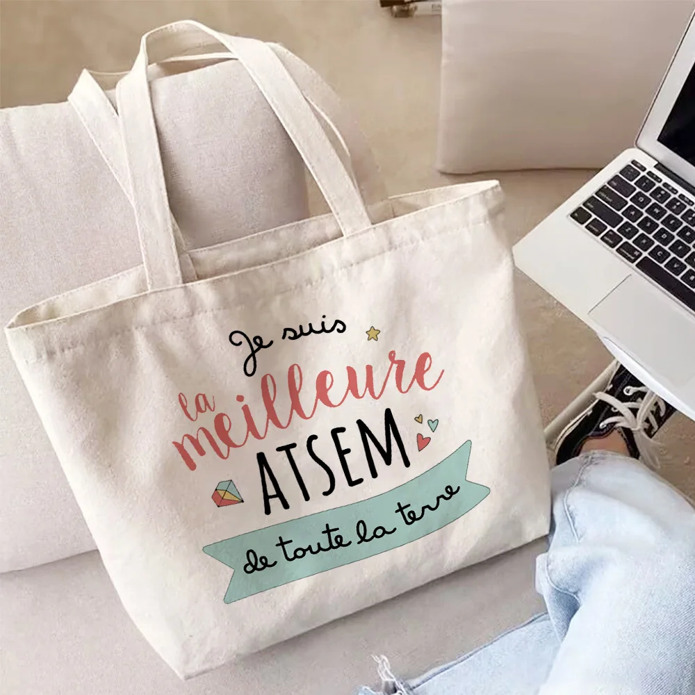 I Am The Best Atsem in The World French Printed Women Tote Bag Canvas Shopping Bags Female Shoulder Bag Graduate Gift for Atsem