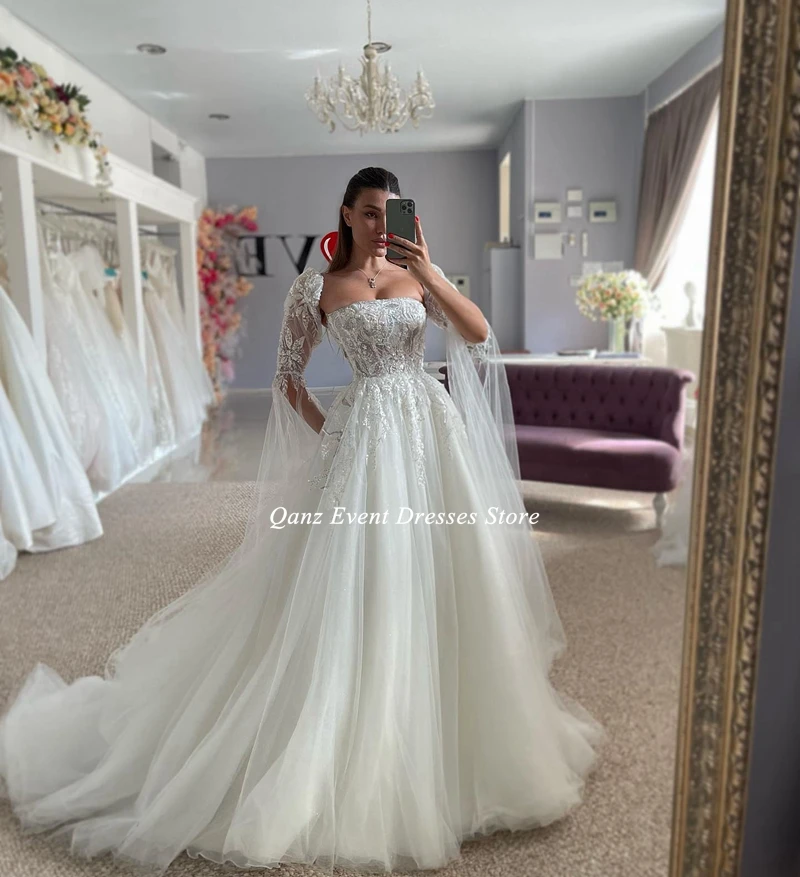 Qanz A-line Tulle Wedding Dress 2023 Boat Neck Lace Appliques Vestidos De Novia Detachable Long Cape Sleeves Boho Robe De Mariée