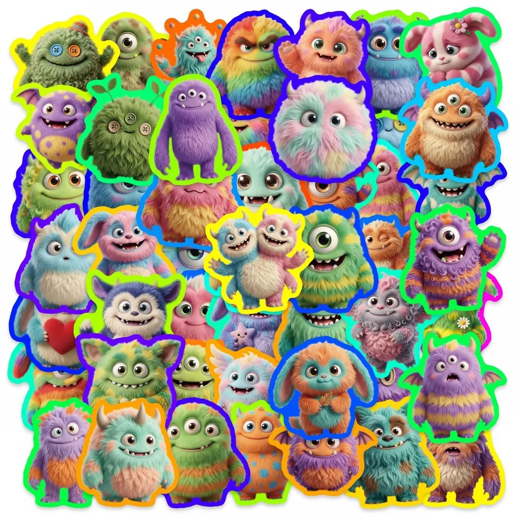 50Pcs Fuzzy Monster Stickers, Cute Cartoon Waterproof Decals for Water Bottle, Notebook & DIY Decor Golden Memory Stickers Store