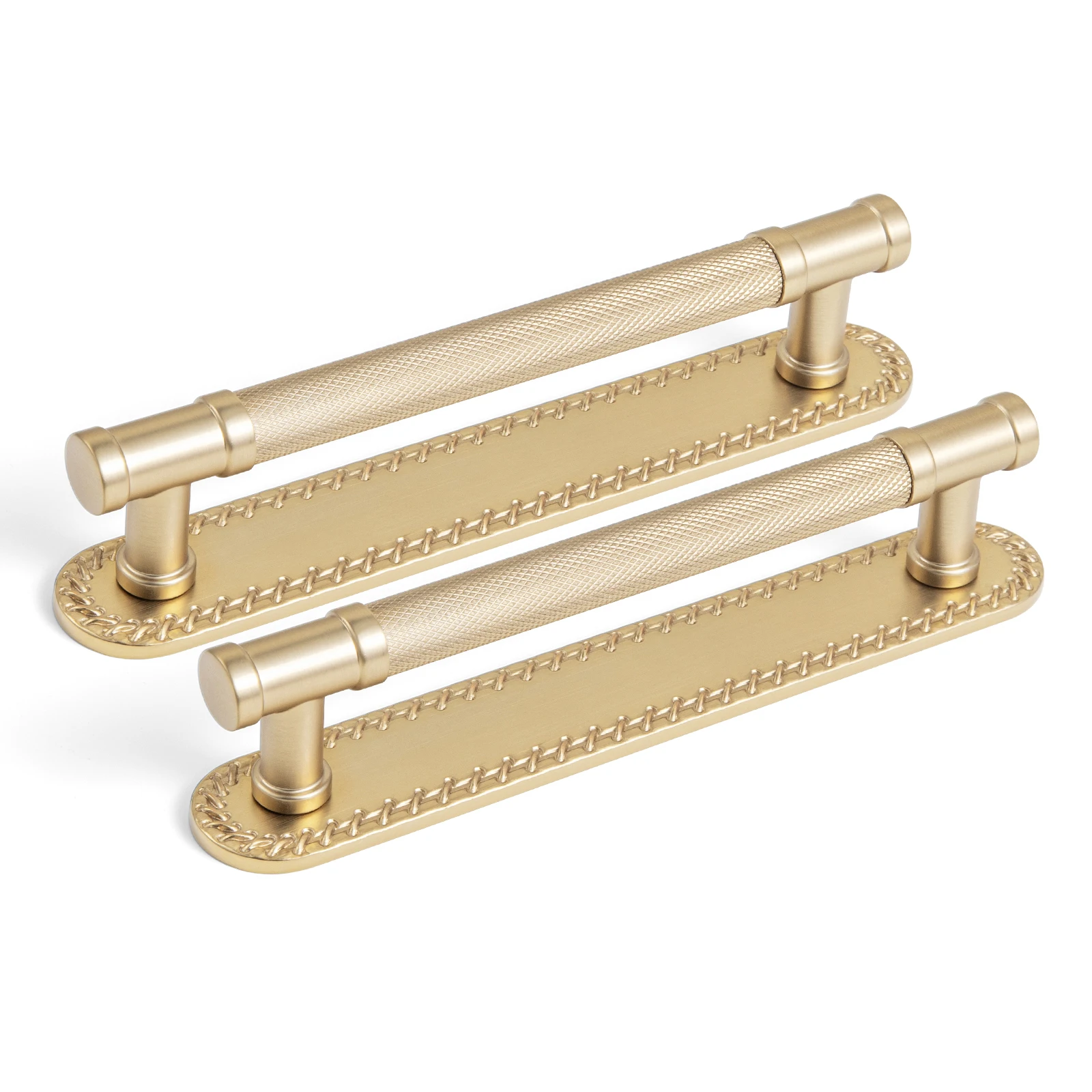 Goo-Ki 2 Pack Antique Brass Knurled Cabinet Pulls with Backplate 5.04' C-C Vintage Brass Bar Drawer Pulls Dresser Handles with Spacer Zinc Alloy Kitchen Cabinet Hardware