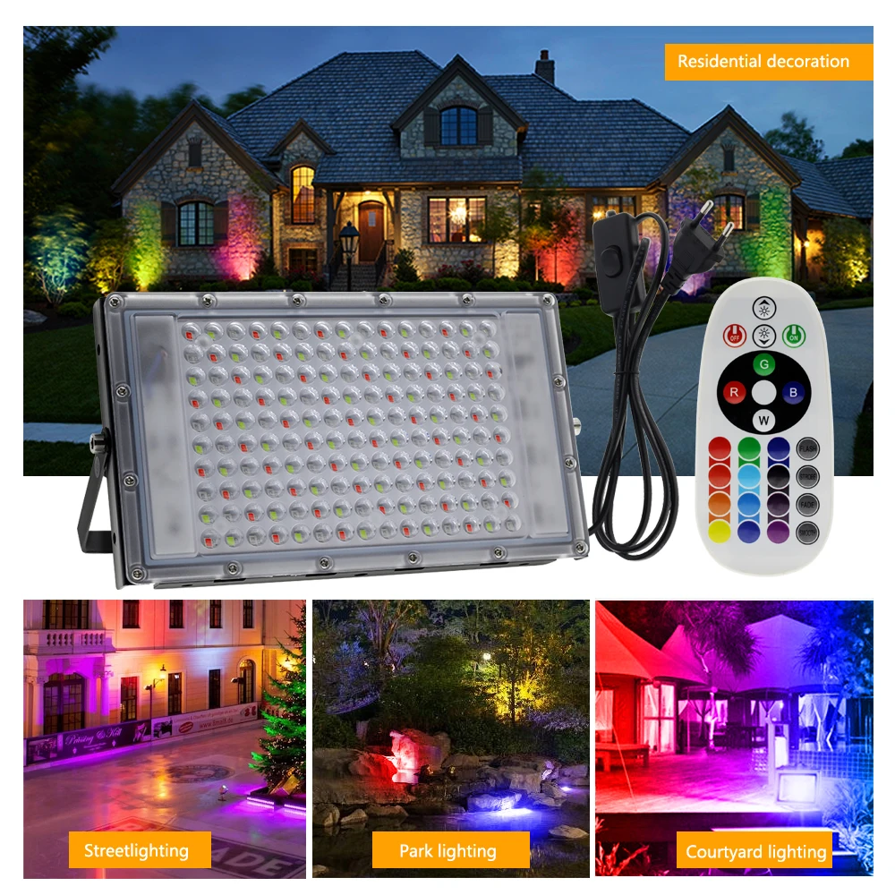 Projecteur LED imperméable à large faisceau avec télécommande, éclairage de paysage, prise ue, AC 220V