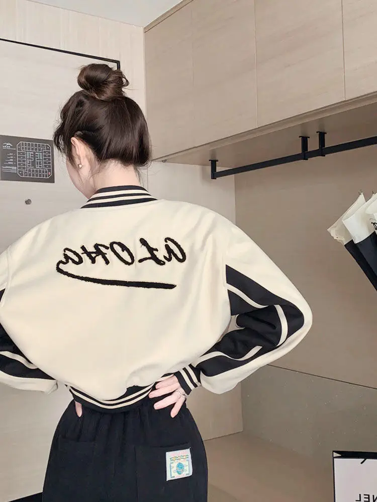 

Baseball Jackets Orange And Grey Womens Spring Bombers Round-Neck Anti-Freezing Dance Embellished Edge Fishbone Fleece-Like Chic